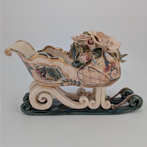 Blue Sky Heather Goldminc Rose Sleigh Candle Holder Centerpiece Floral Holiday - Picture 3 of 11